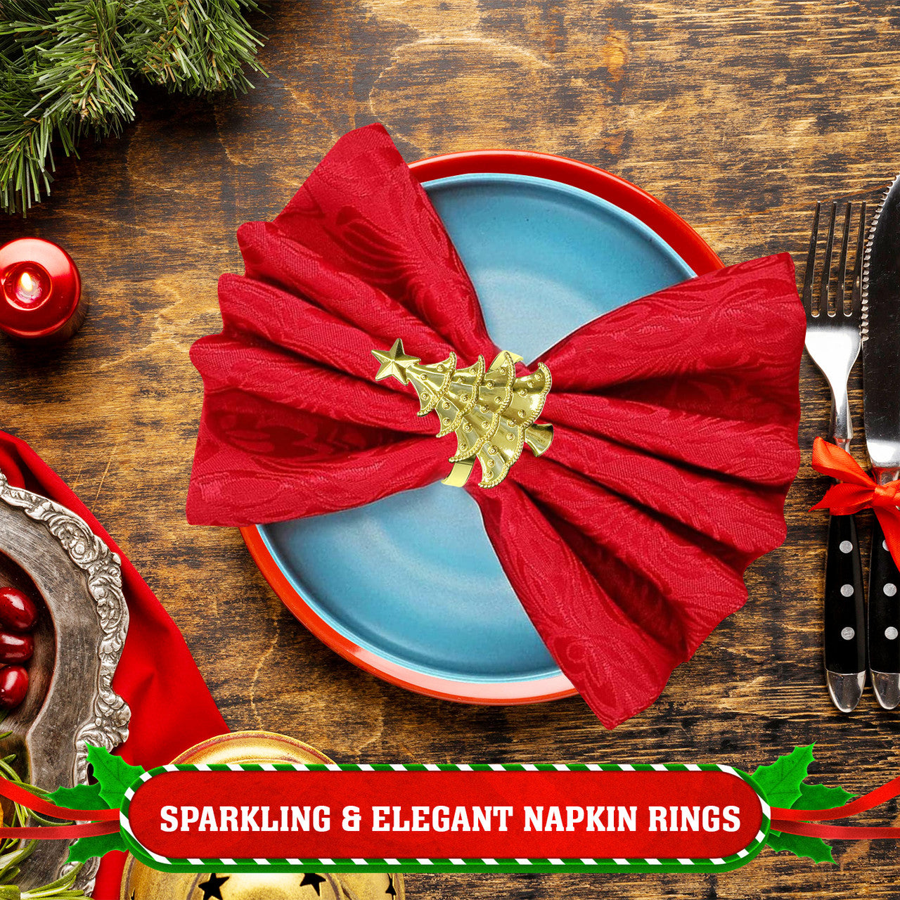 Christmas Napkin Rings – Tree with Star Design - Gold