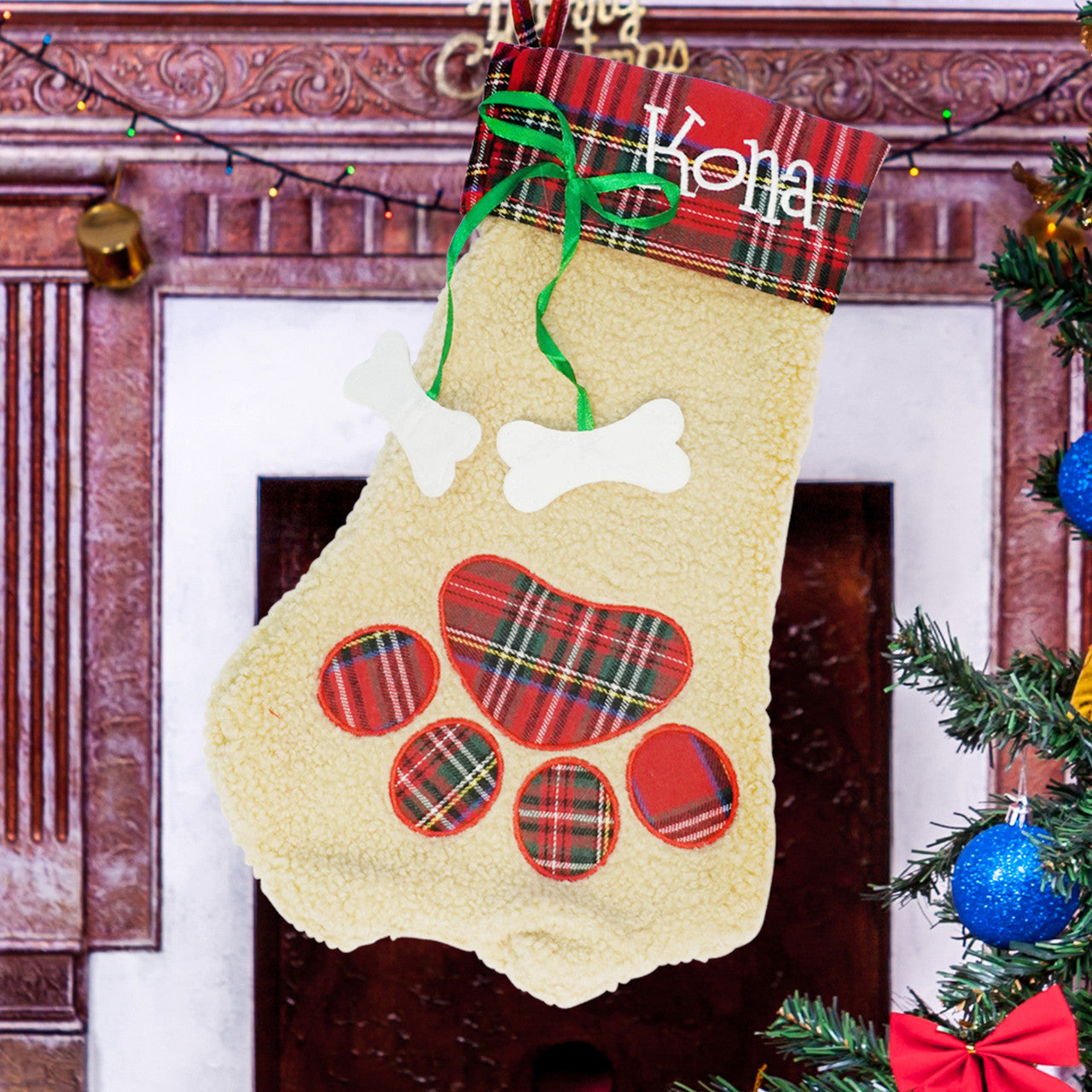 Christmas Stocking - Pet Paw with Plaid Trim