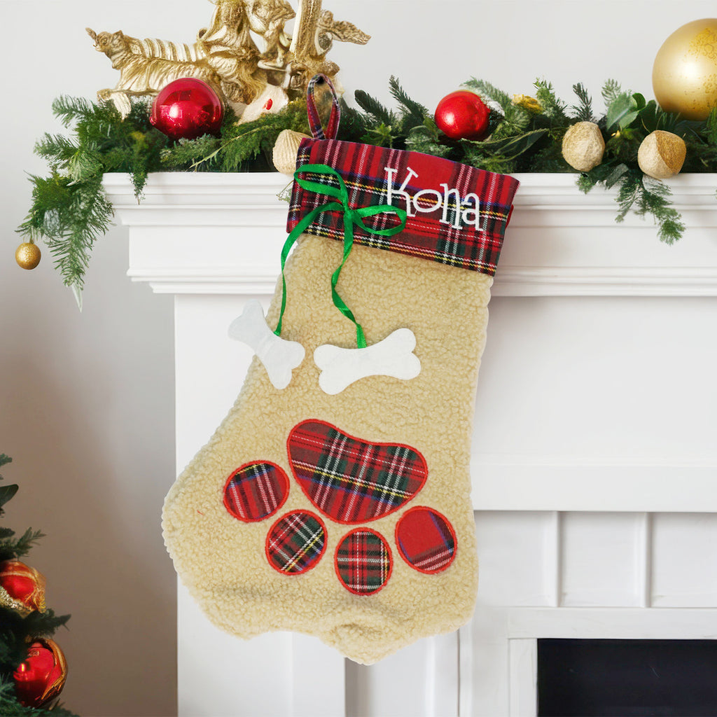 Christmas Stocking - Pet Paw with Plaid Trim