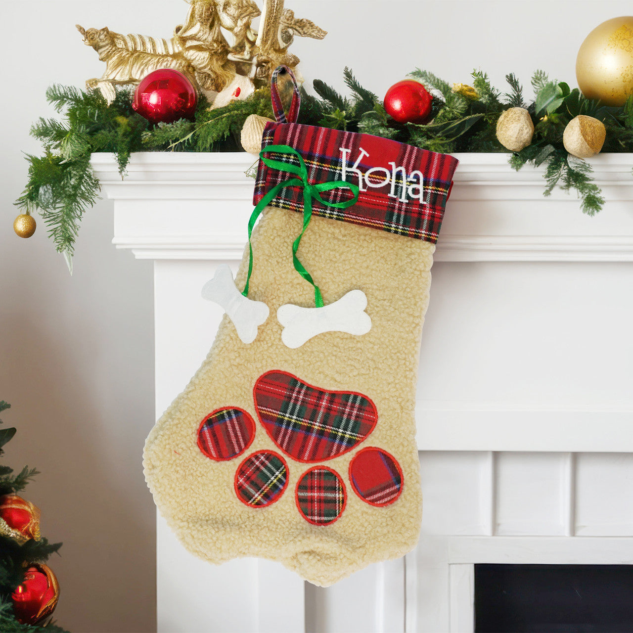 Christmas Stocking - Pet Paw with Plaid Trim