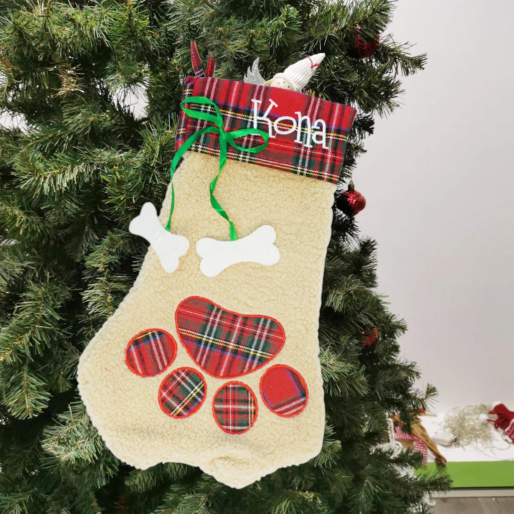 Christmas Stocking - Pet Paw with Plaid Trim