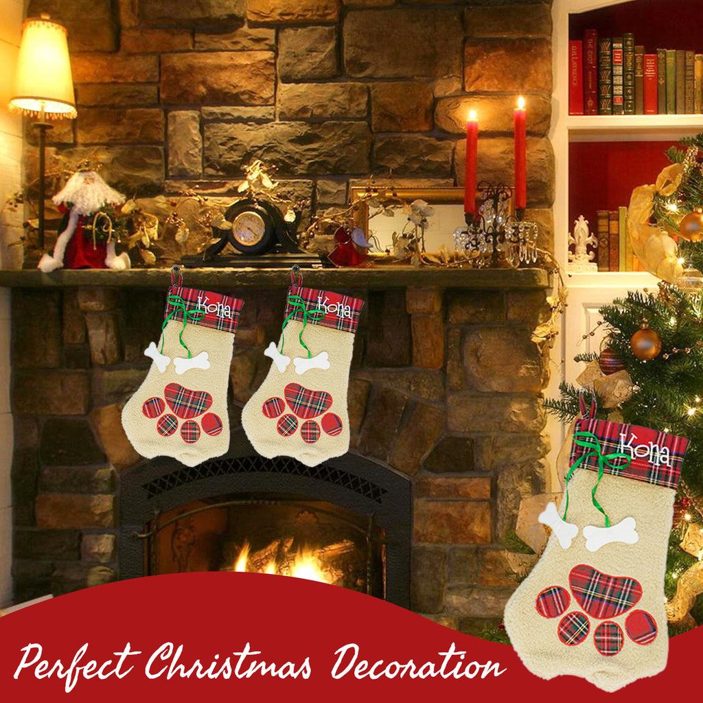 Christmas Stocking - Pet Paw with Plaid Trim