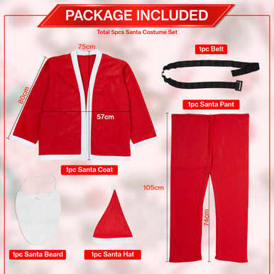 5pc Santa Costume & Large Red Velvet Santa Sack Set