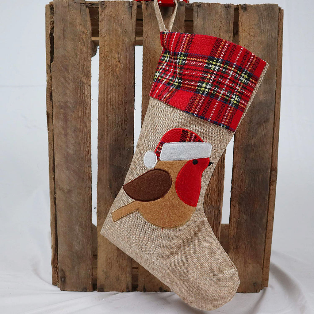 Hessian Burlap Christmas Stocking - Robin Redbreast