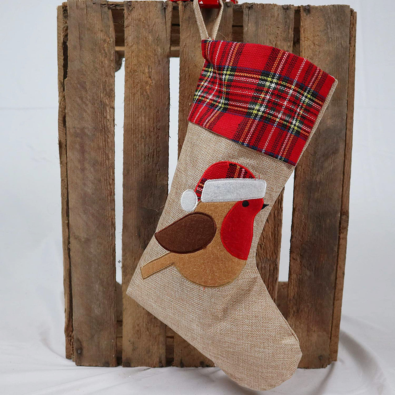 Hessian Burlap Christmas Stocking - Robin Redbreast