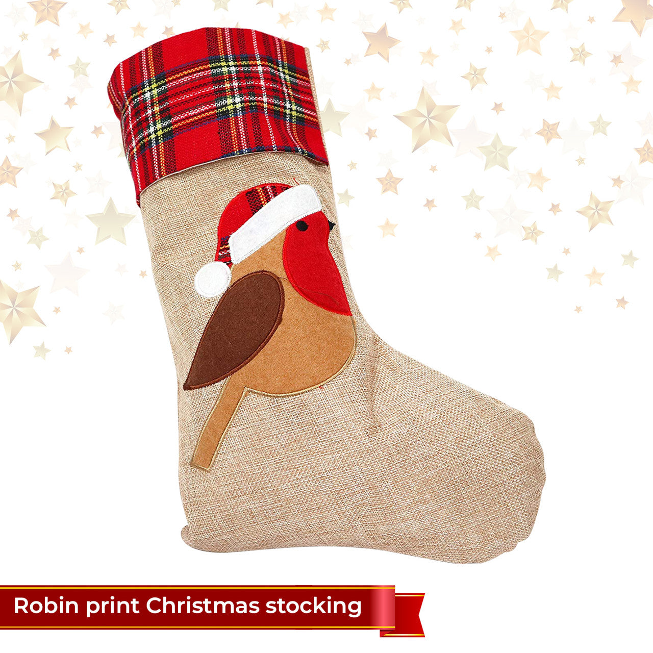 Hessian Burlap Christmas Stocking - Robin Redbreast