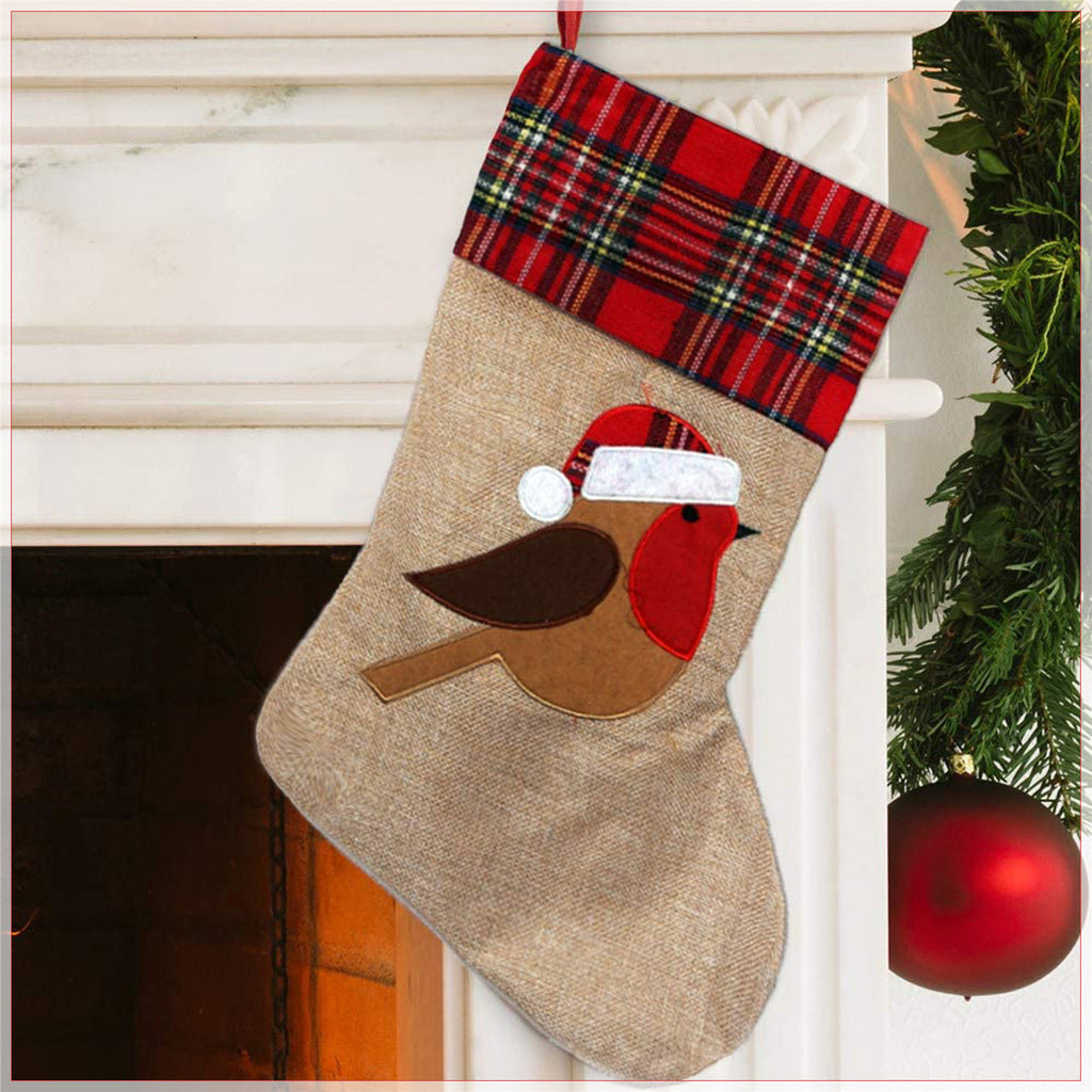Hessian Burlap Christmas Stocking - Robin Redbreast