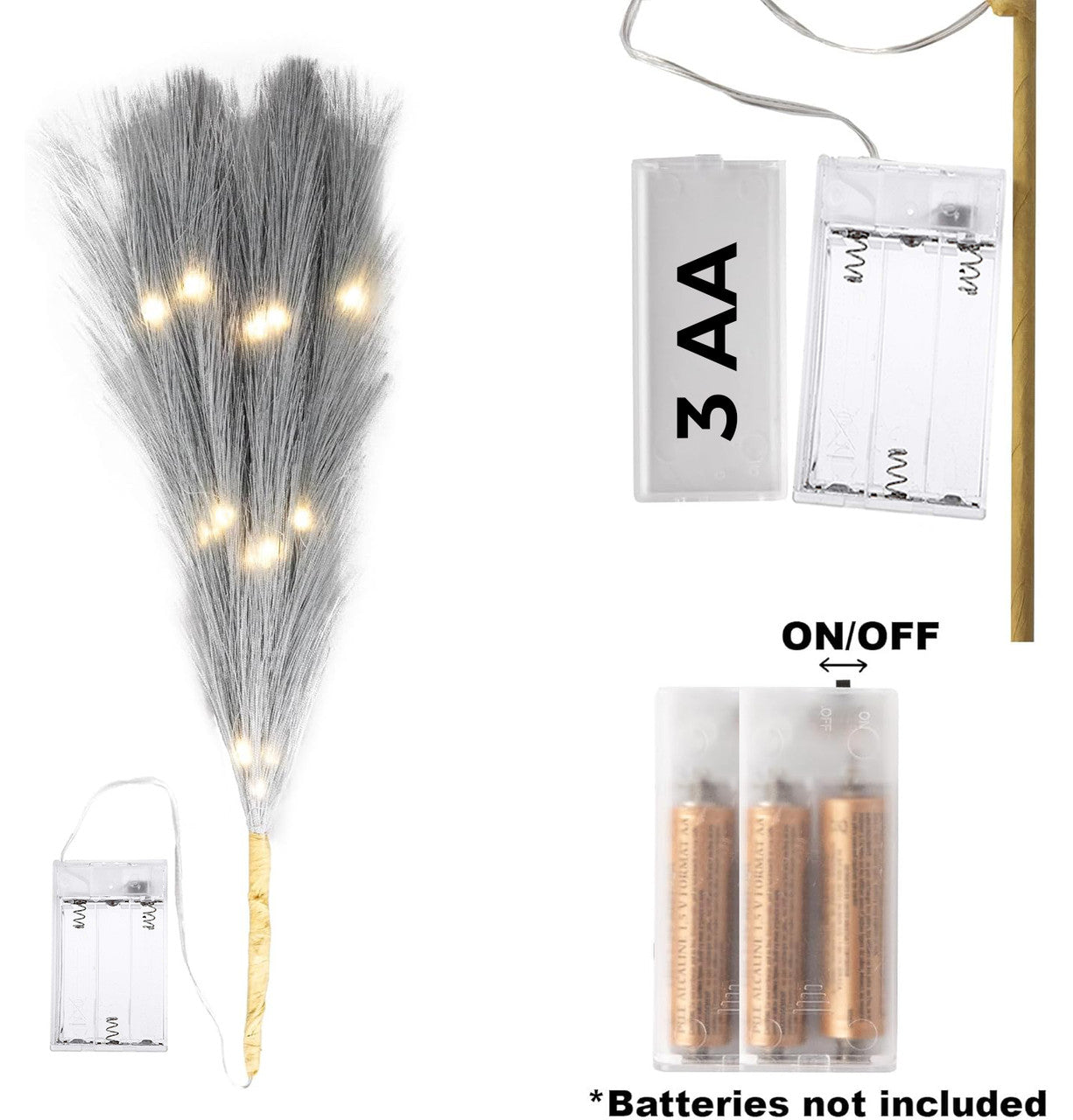 Pampas Grass Stem with 50 Warm White LED's - Grey