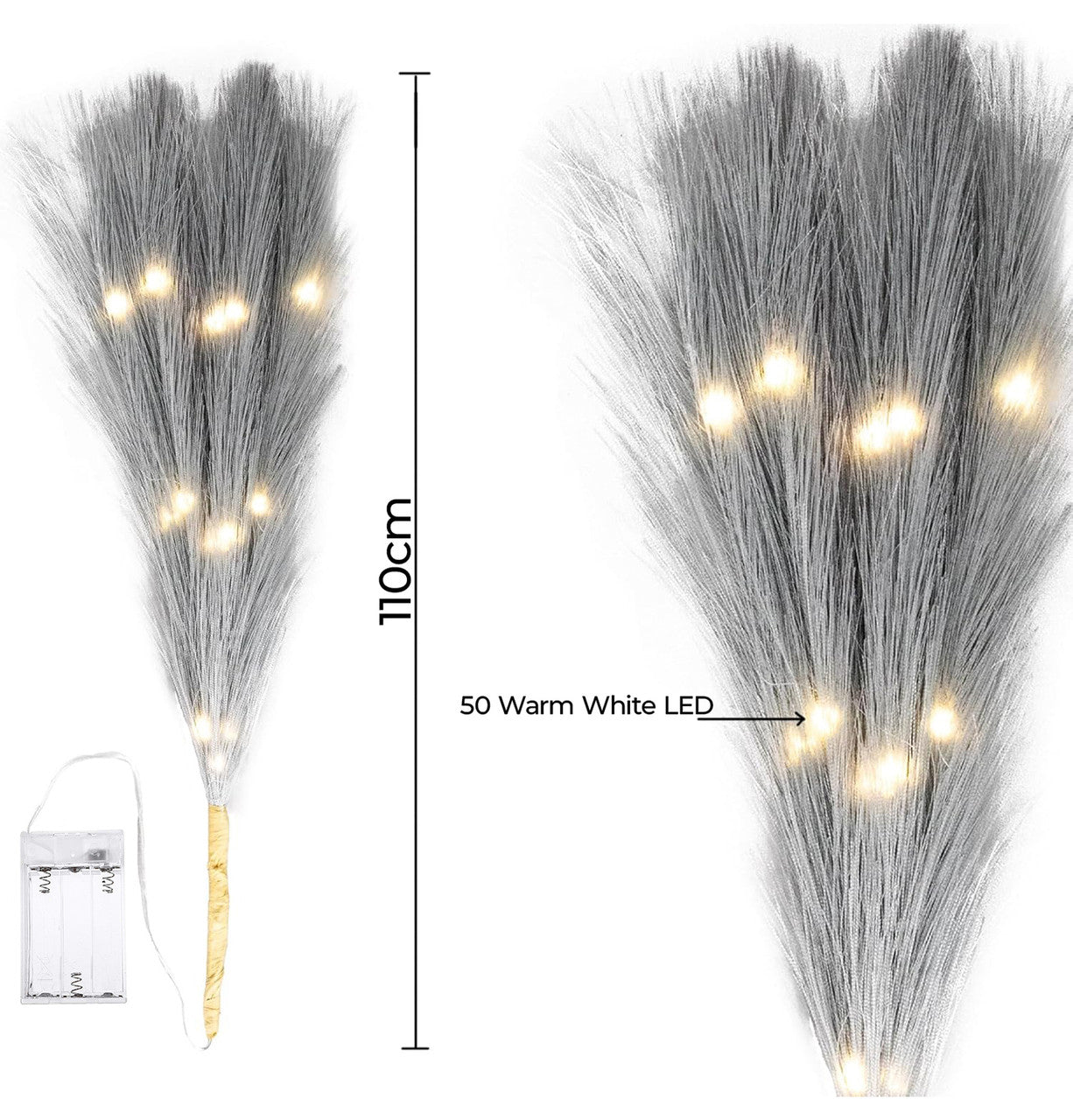 Pampas Grass Stem with 50 Warm White LED's - Grey