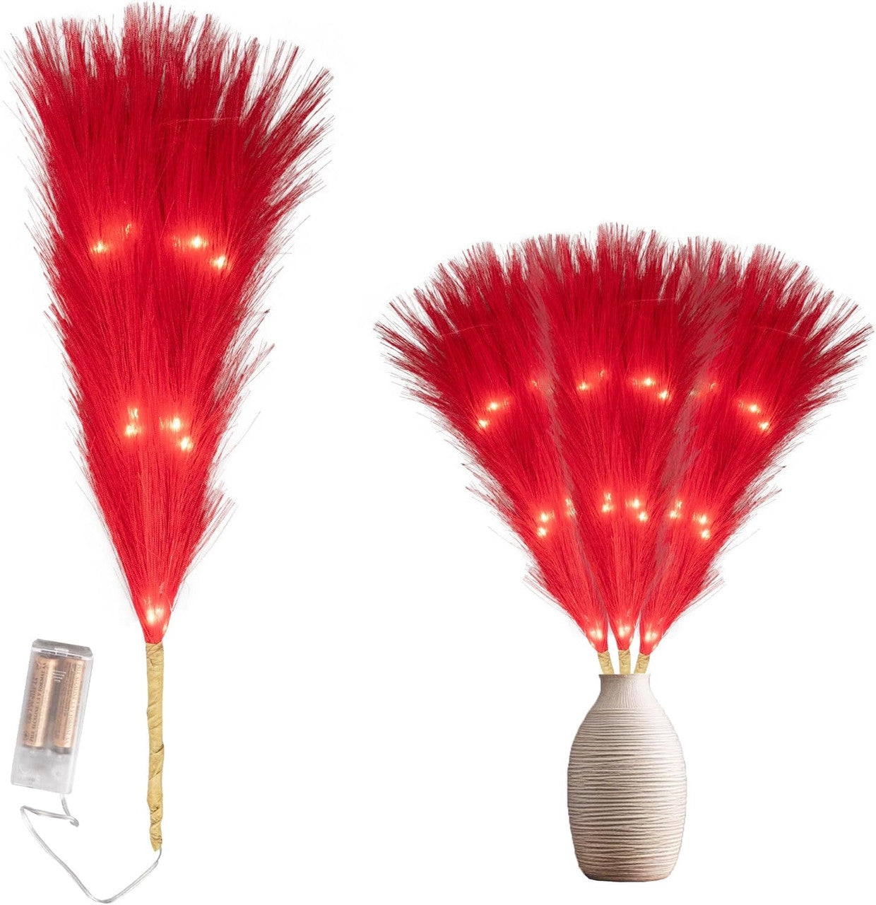 Pampas Grass Stem with 50 Warm White LED's - Red