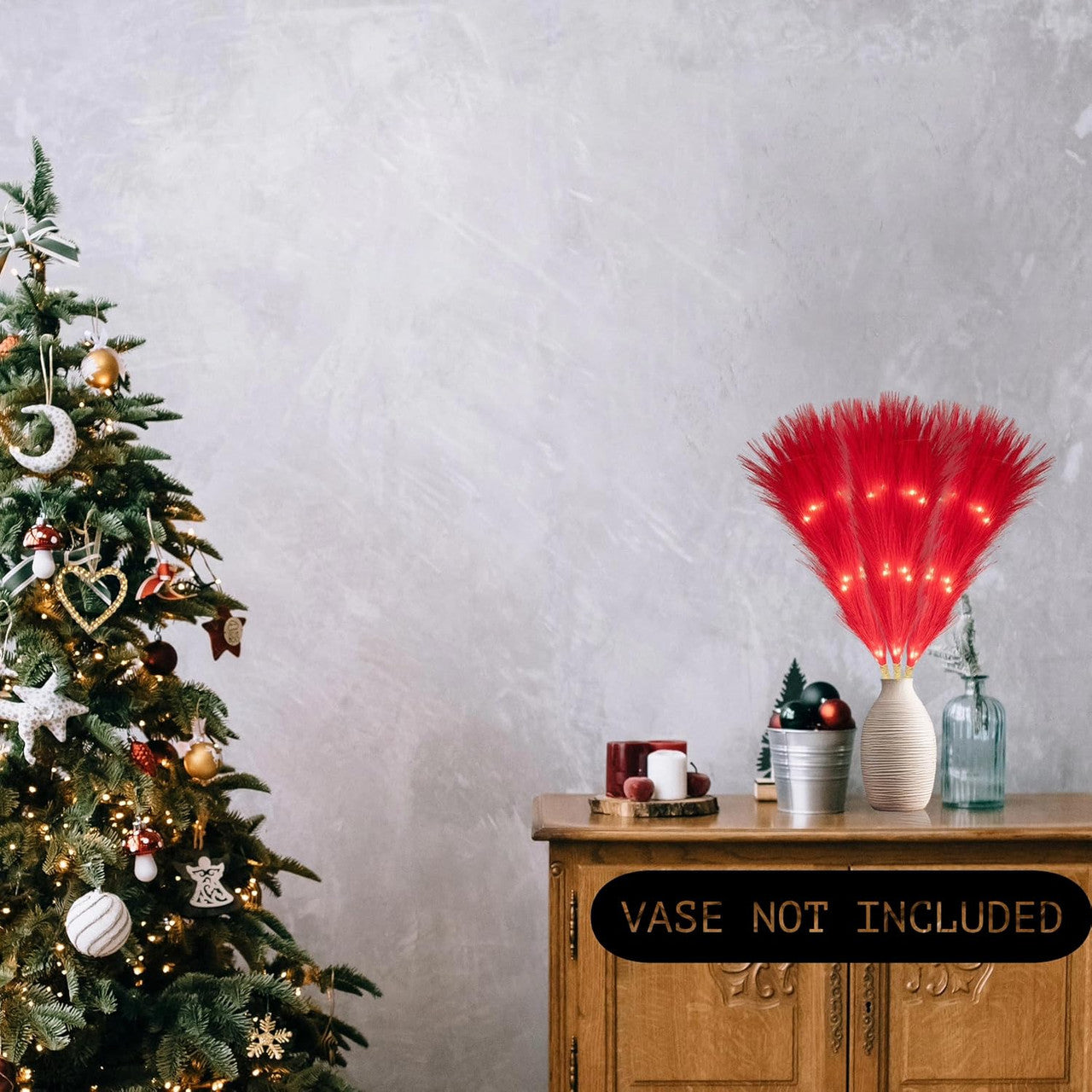 Pampas Grass Stem with 50 Warm White LED's - Red