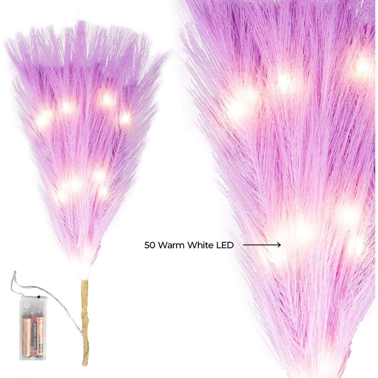 Pampas Grass Stem with 50 Warm White LED's - Purple