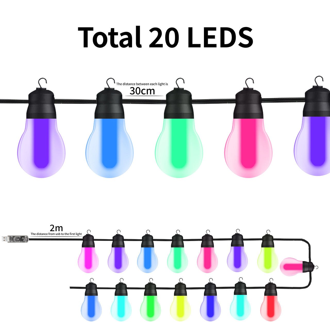 20 Multicolour LED Outdoor Lights - Clear Cover