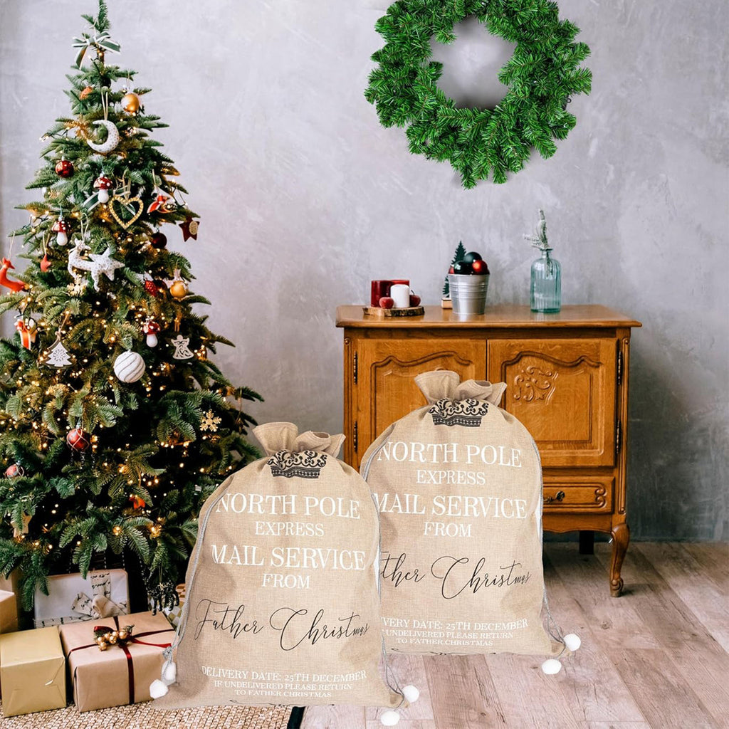 North Pole Express Mail Christmas Stocking Sack - Beige