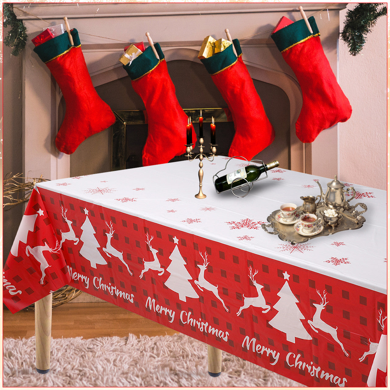 Reindeer & Tree Printed Xmas Tablecloth