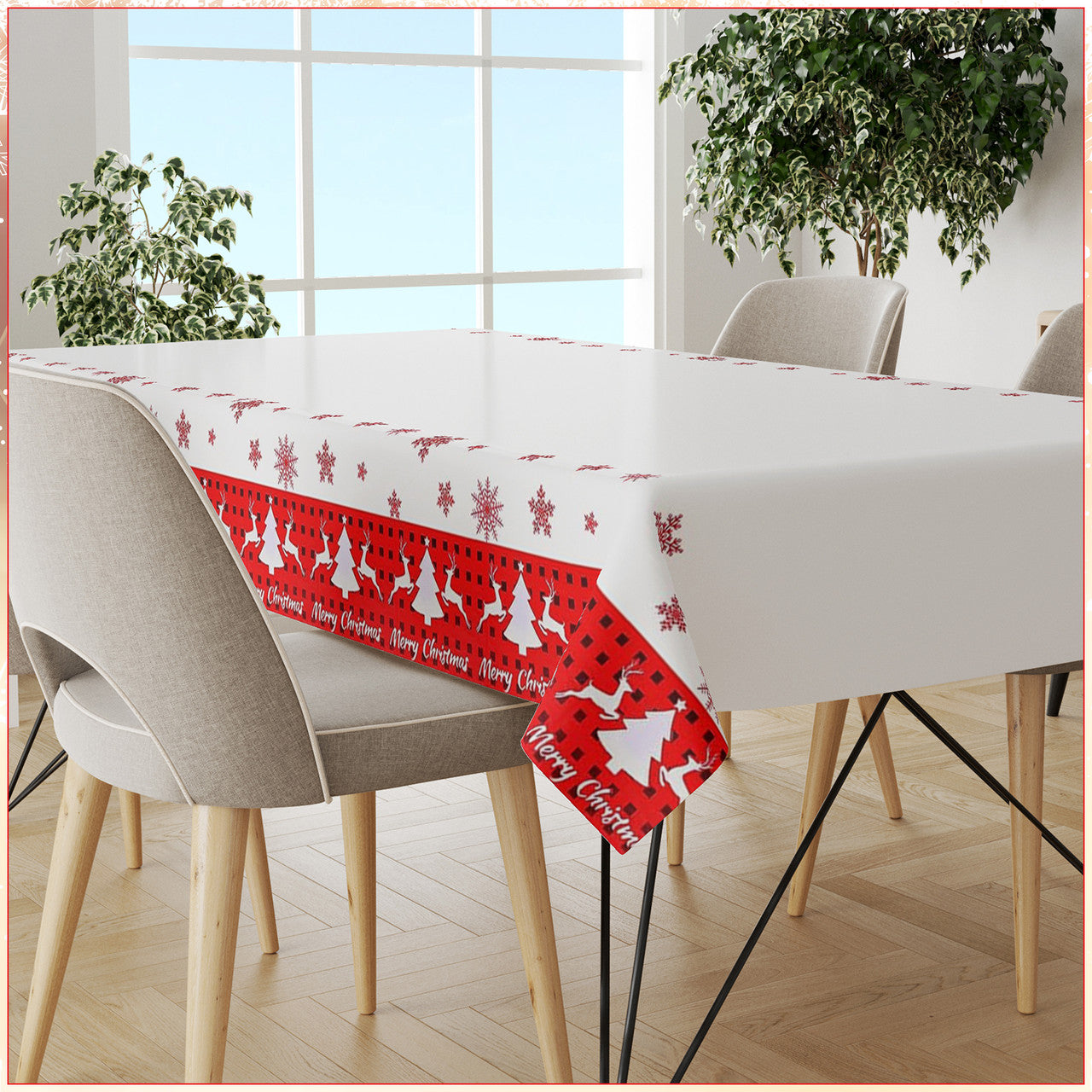 Reindeer & Tree Printed Xmas Tablecloth