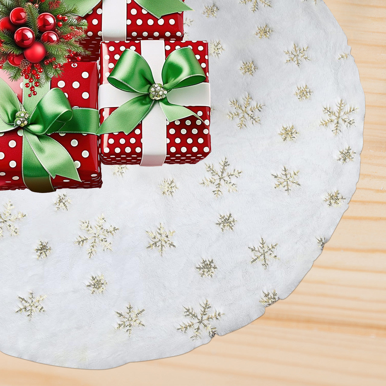 Christmas Tree Skirt - White With Gold Snowflakes