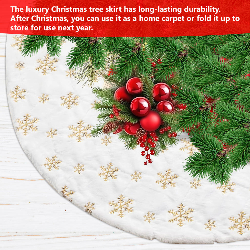 Christmas Tree Skirt - White With Gold Snowflakes