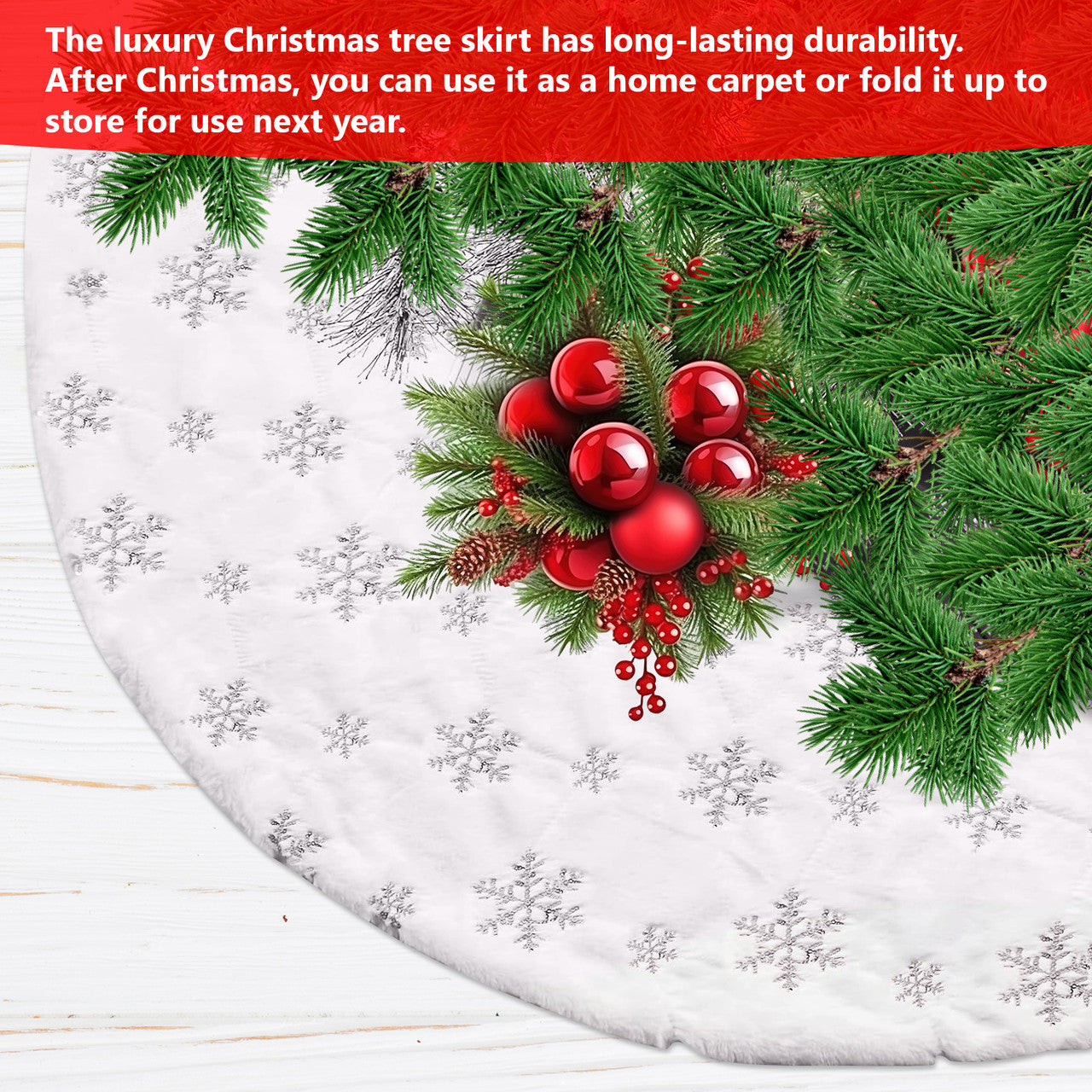 Christmas Tree Skirt - White with Silver Snowflakes