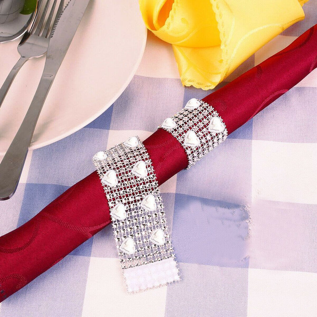 Sparkling Heart Diamante Stretchable Napkin Rings (Pack of 10) - Silver