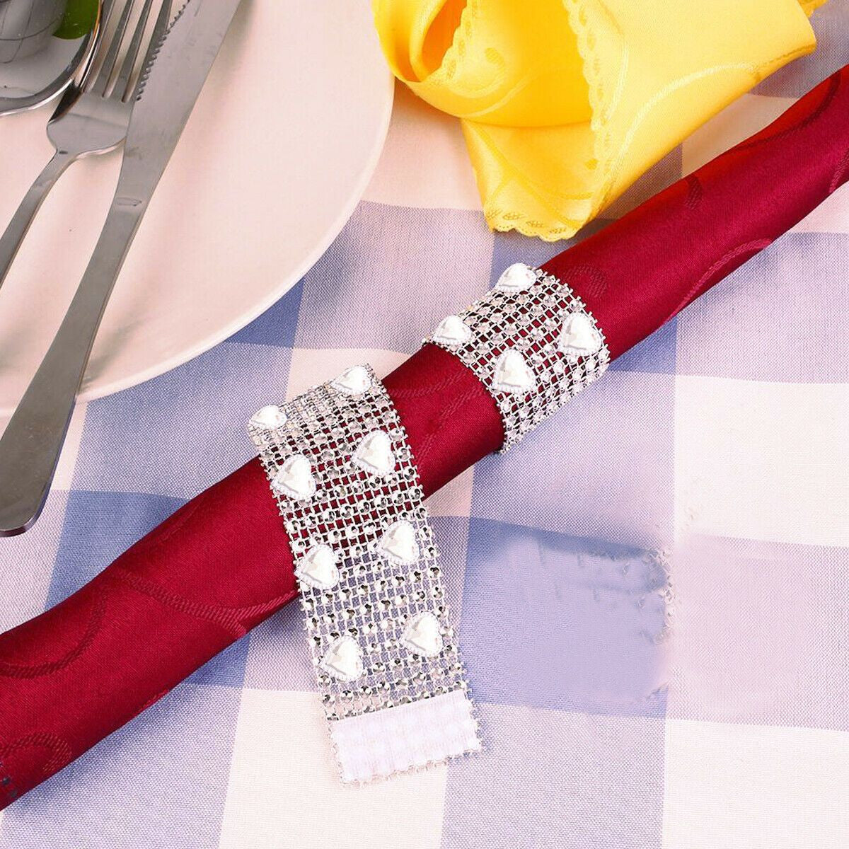 Sparkling Heart Diamante Stretchable Napkin Rings (Pack of 10) - Silver