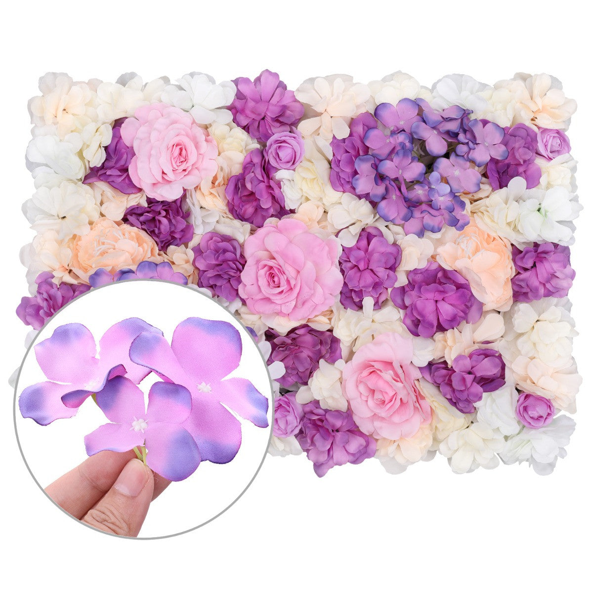 Hydrangea Artificial Flower Wall Panel 60cm x 40cm - Peach, Ivory, White, Pink & Purple