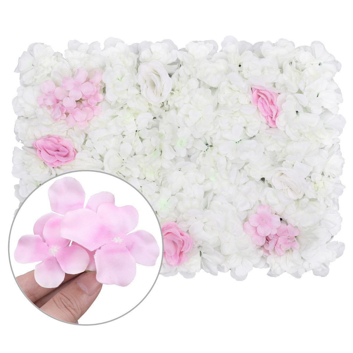 Hydrangea Artificial Flower Wall Panel 60cm x 40cm - White & Baby Pink