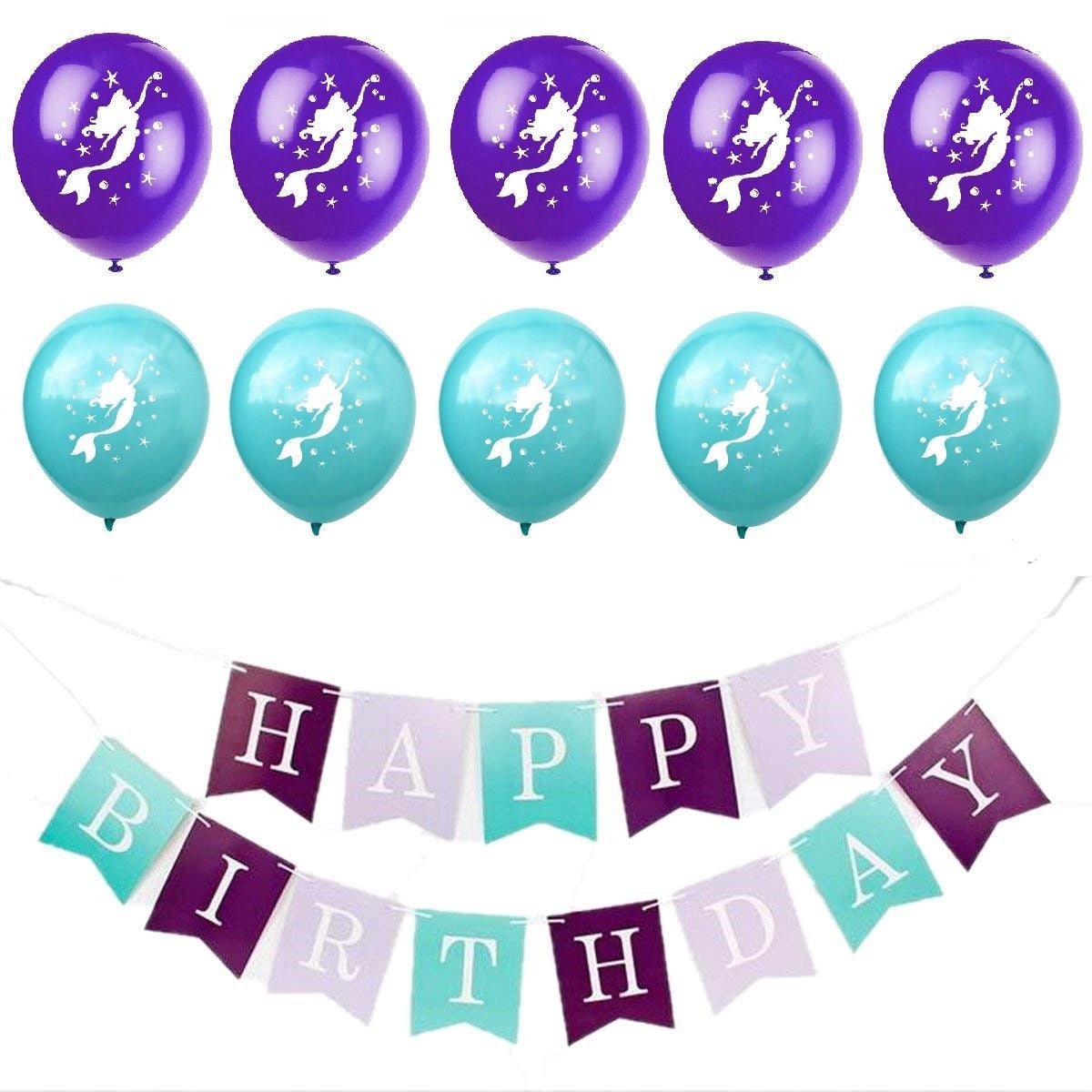 Mermaid Theme Birthday Bunting, Balloons, Pom-Poms & Cupcake Toppers