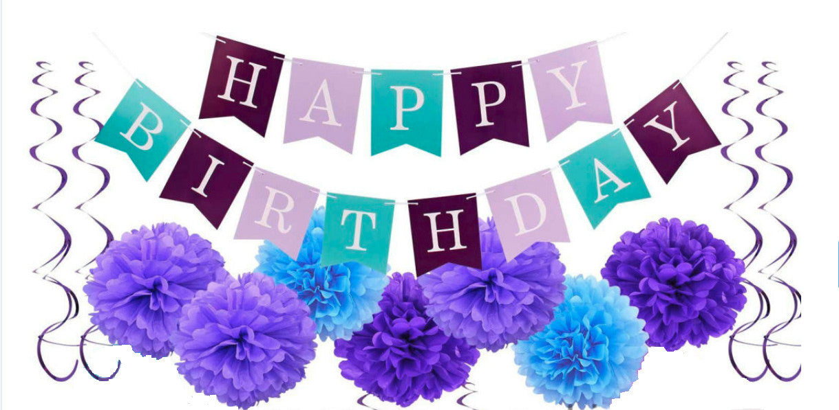 Mermaid Theme Birthday Bunting, Balloons, Pom-Poms & Cupcake Toppers