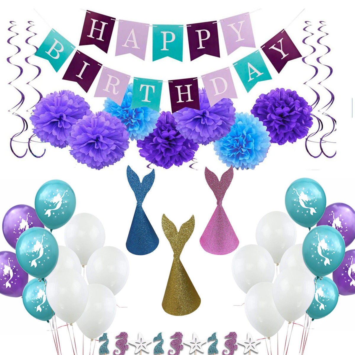 Mermaid Theme Birthday Bunting, Balloons, Pom-Poms & Cupcake Toppers
