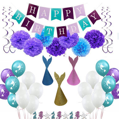 Mermaid Theme Birthday Bunting, Balloons, Pom-Poms & Cupcake Toppers