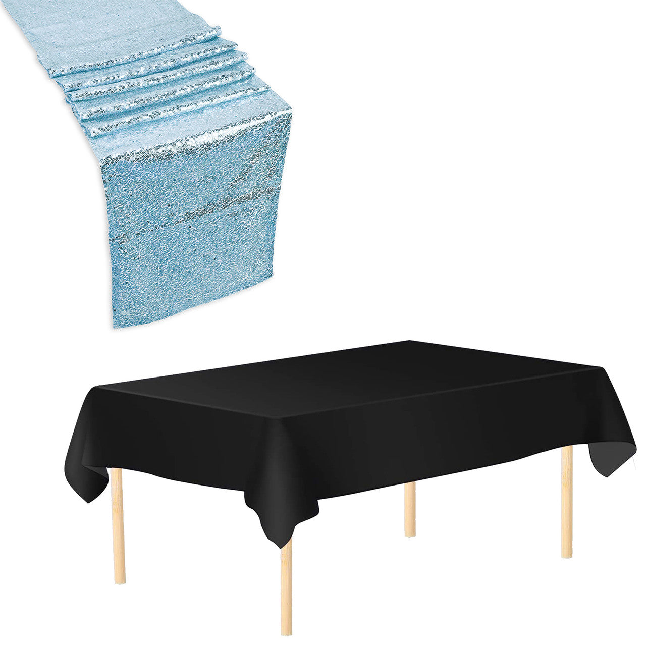 Plastic Table Cloth And Sequin Baby Blue Table Runner Set - 2pcs