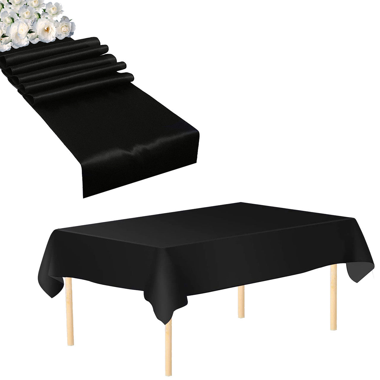 Plastic Table Cloth And Black Satin Runner Set  - 2Pcs