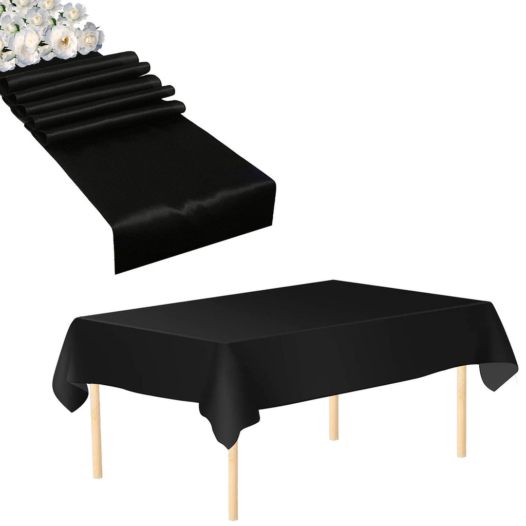 Plastic Table Cloth And Black Satin Runner Set  - 2Pcs