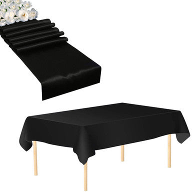 Plastic Table Cloth And Black Satin Runner Set  - 2Pcs