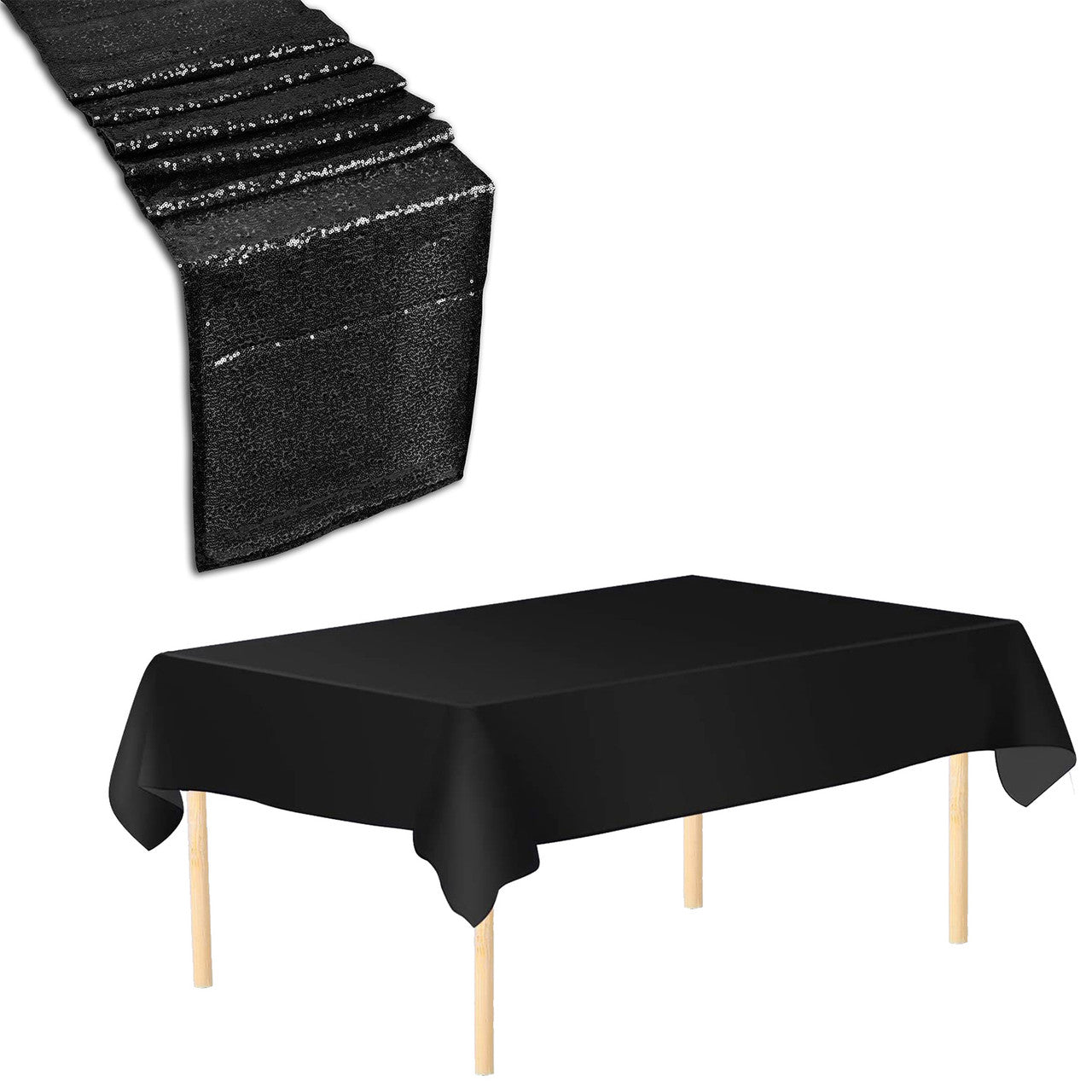 Plastic Table Cloth And Sequin Black Table Runner Set - 2pcs