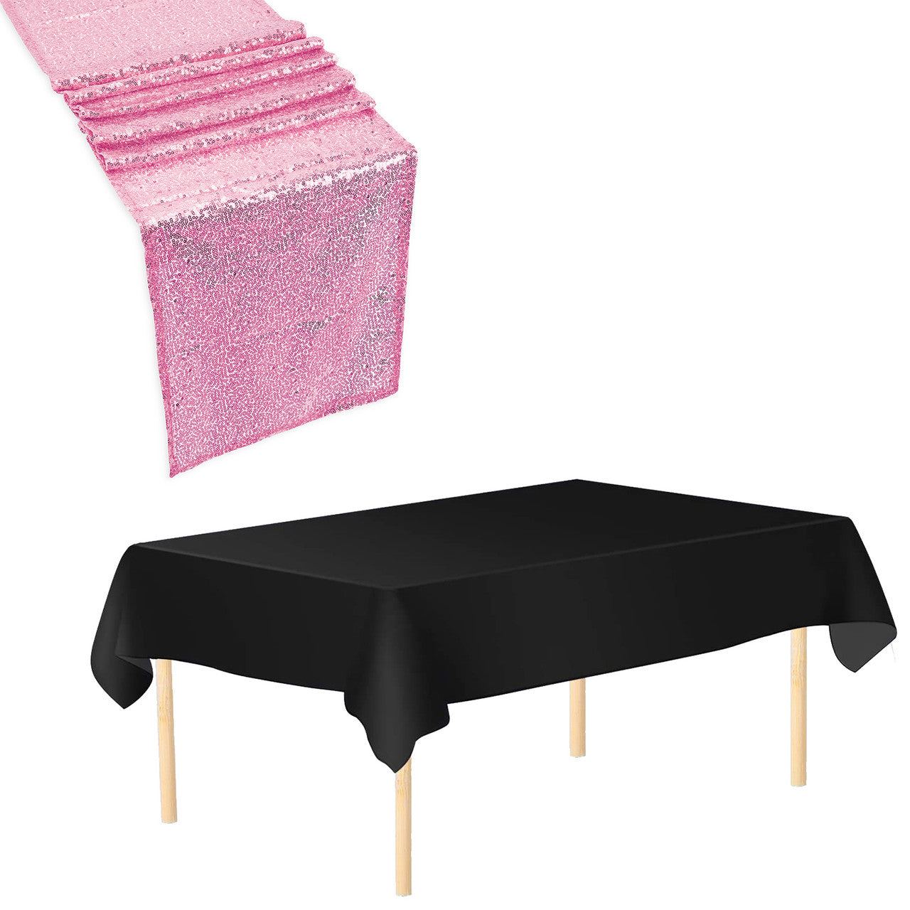 Plastic Table Cloth And Baby Pink Sequin Table Runner Set - 2 pcs