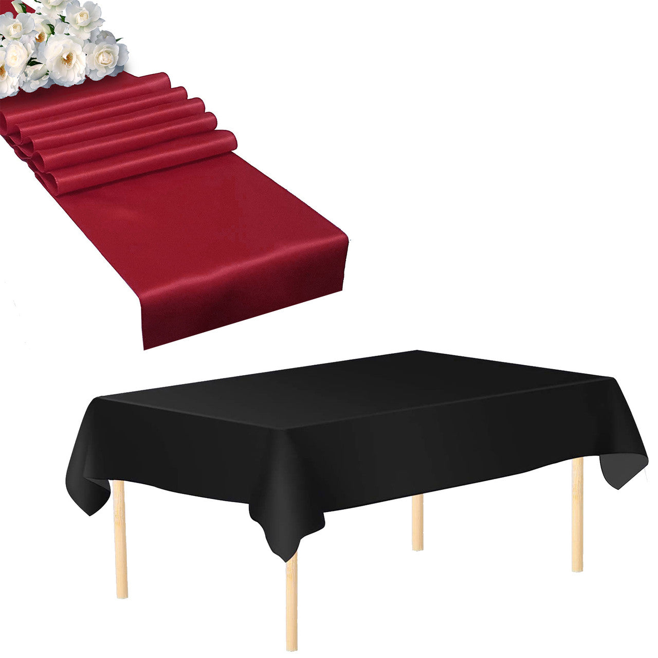 Plastic Table Cloth And Burgundy Runner Set  - 2Pcs