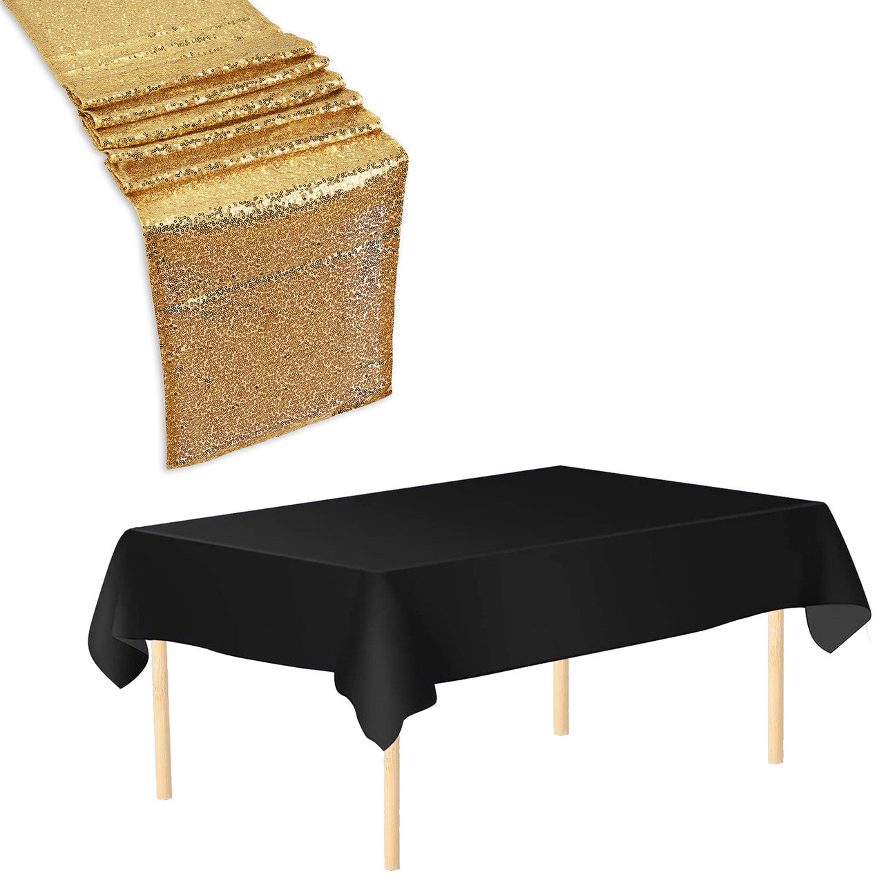 Plastic Table Cloth And Champagne Sequin Table Runner Set - 2pcs