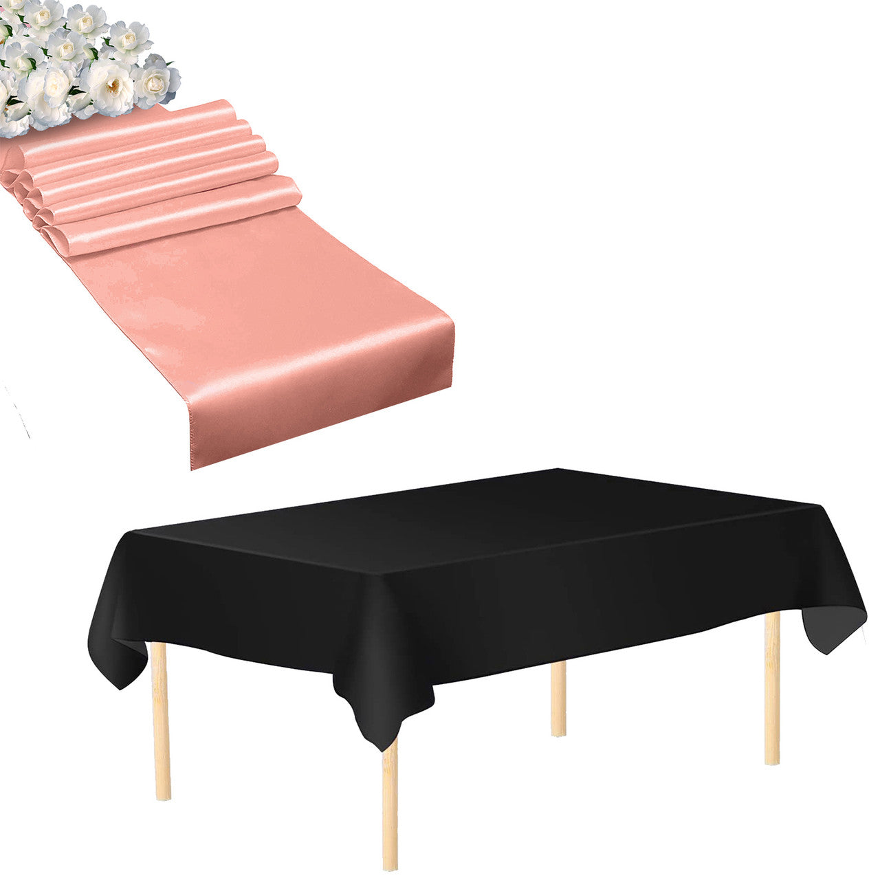 Plastic Table Cloth And Coral Satin Runner Set -  2Pcs