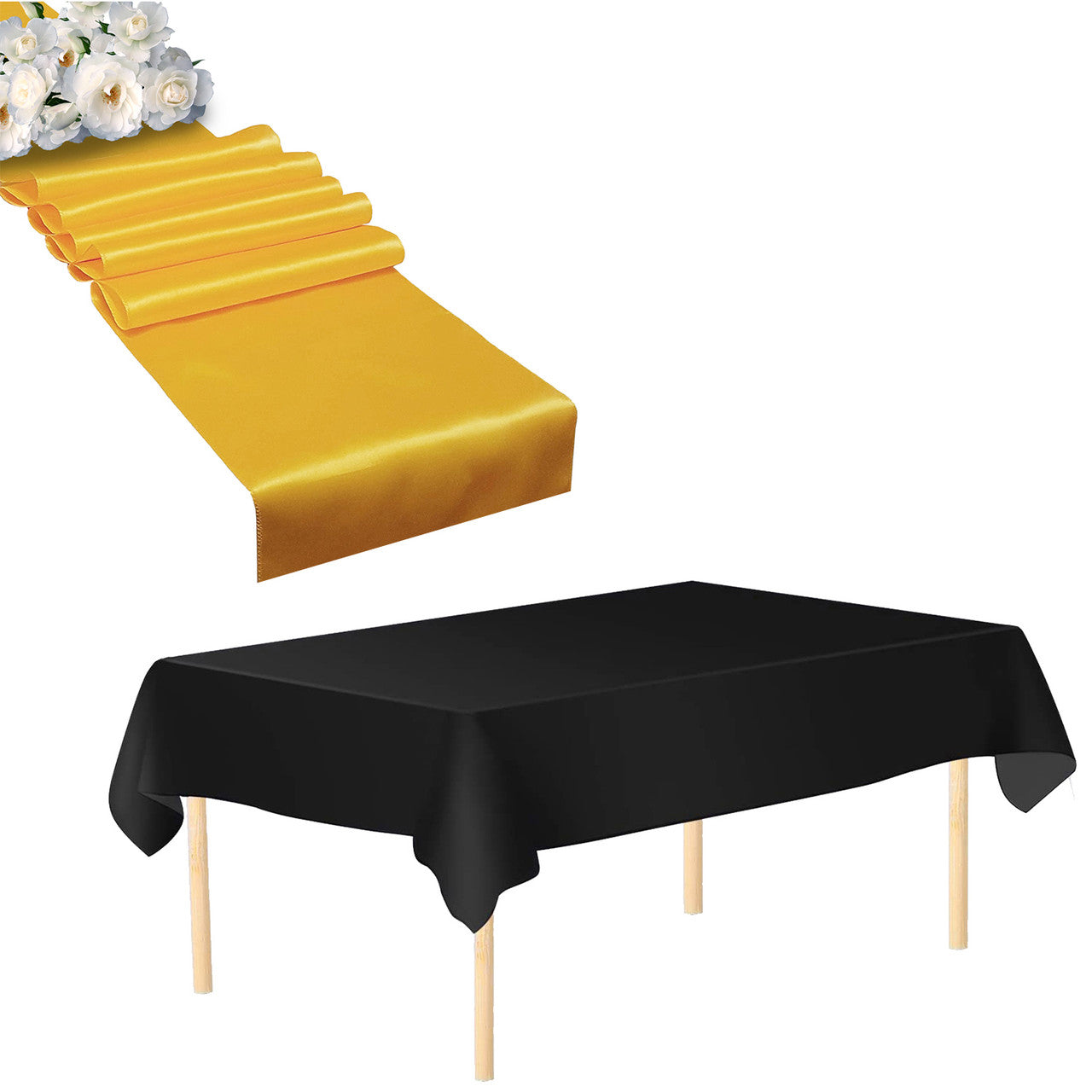 Plastic Table Cloth And Gold Satin Runner Set - 2Pcs