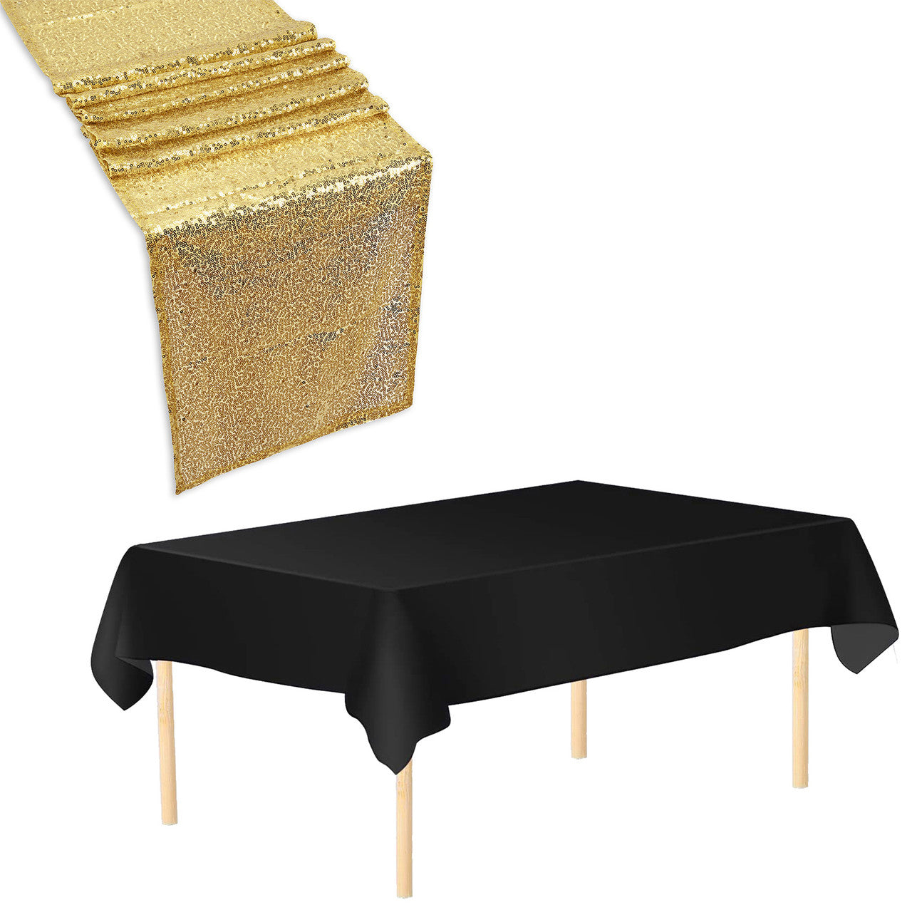 Plastic Table Cloth And Gold Sequin Table Runner Set  - 2Pcs