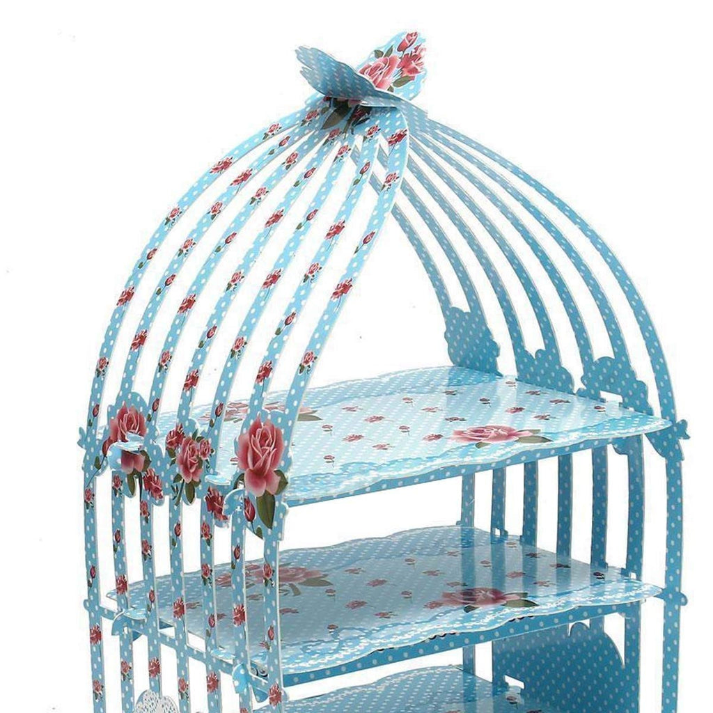 3-Tier Vintage-Style Birdcage-Themed Cardboard Cupcake Stand - Blue