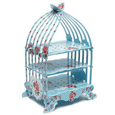 3-Tier Vintage-Style Birdcage-Themed Cardboard Cupcake Stand - Blue