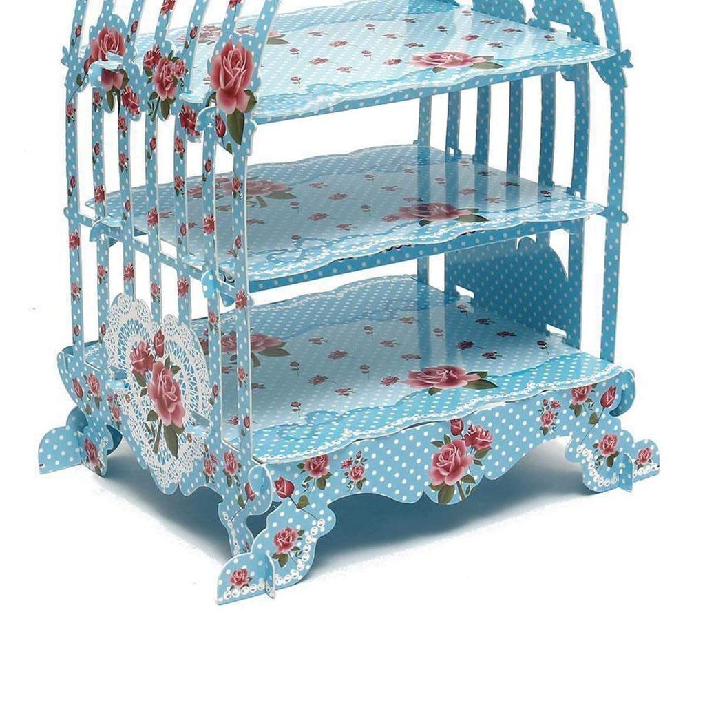 3-Tier Vintage-Style Birdcage-Themed Cardboard Cupcake Stand - Blue