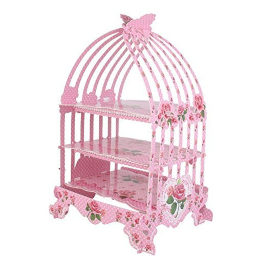3-Tier Vintage-Style Birdcage-Themed Cardboard Cupcake Stand - Pink