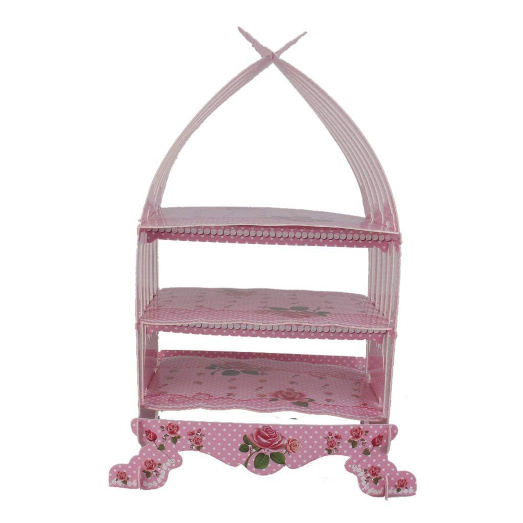 3-Tier Vintage-Style Birdcage-Themed Cardboard Cupcake Stand - Pink