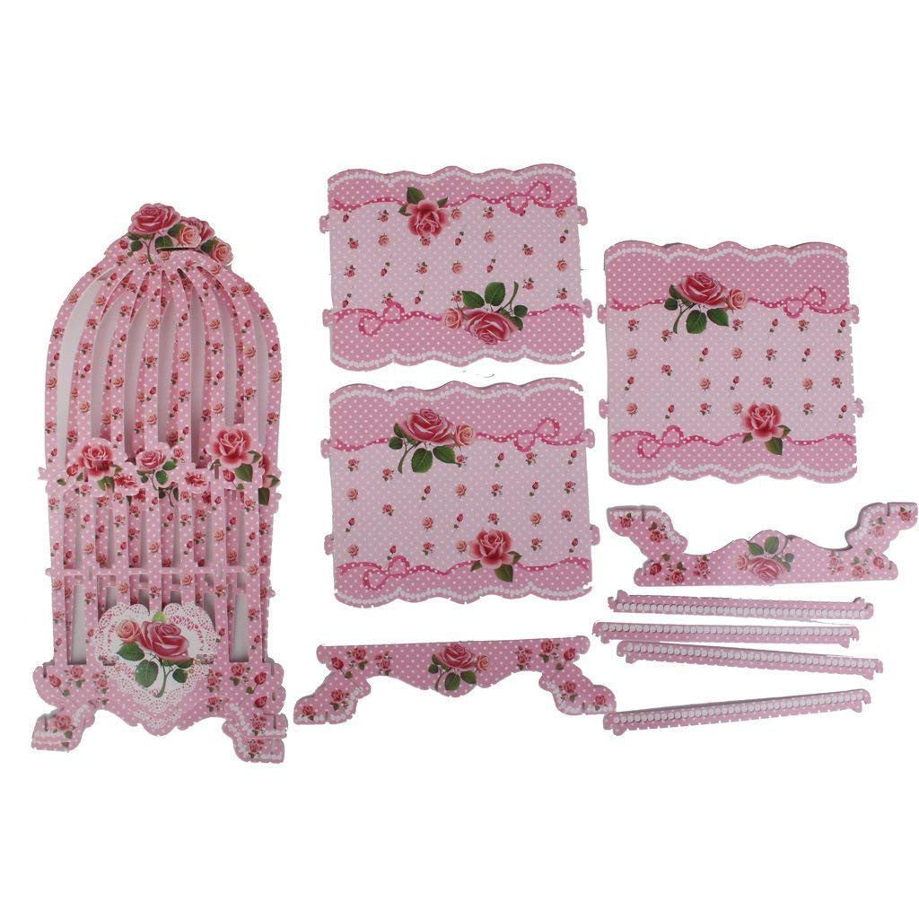 3-Tier Vintage-Style Birdcage-Themed Cardboard Cupcake Stand - Pink