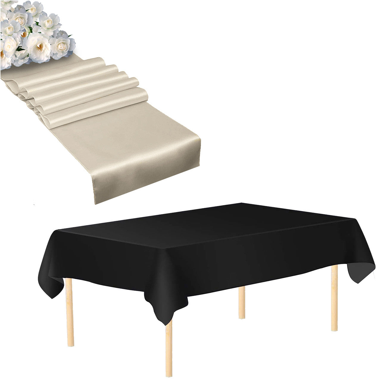 Plastic Table Cloth And Ivory Satin Runner Set - 2Pcs