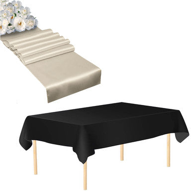 Plastic Table Cloth And Ivory Satin Runner Set - 2Pcs